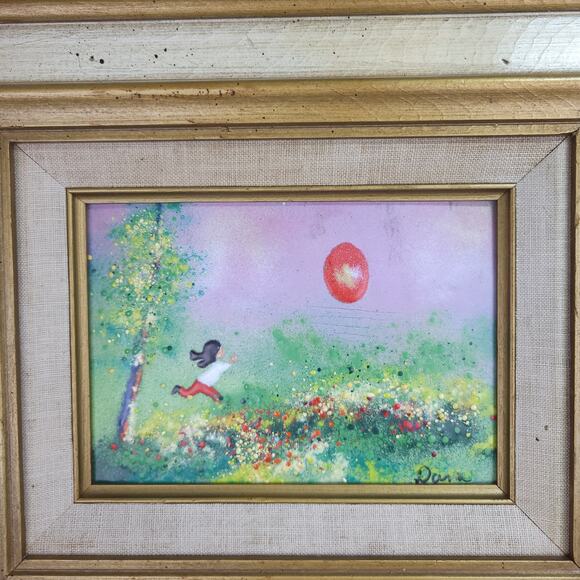 Vintage Framed Enamel on Copper Art Painting Child Flying Red Balloon 14.5x12.5" - Picture 2 of 11